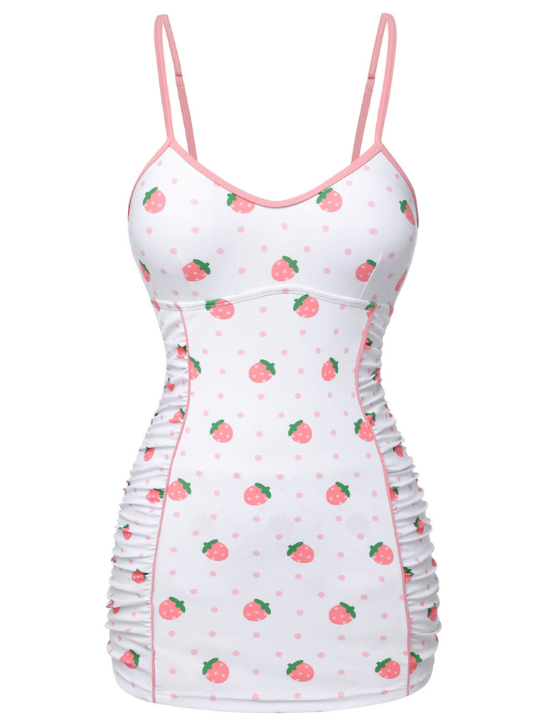 Costumi intero fragola plissettato bianco e rosa anni '50