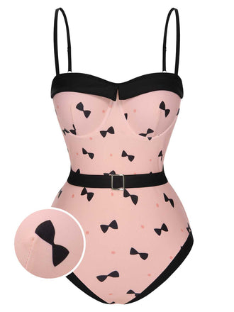 Costumi intero stampa a pois e fiocco rosa anni '50