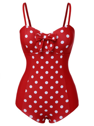 Costumi intero a pois spalline sottili patchwork rosso anni '50