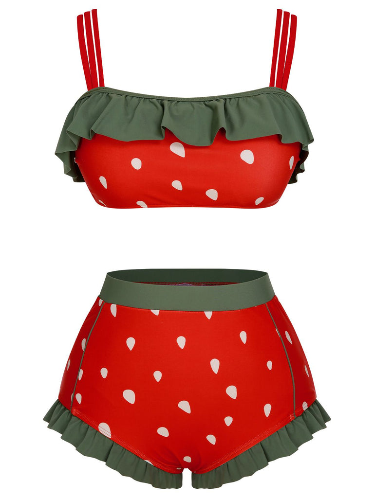 Costumi con volant e fragoline rosso anni '50