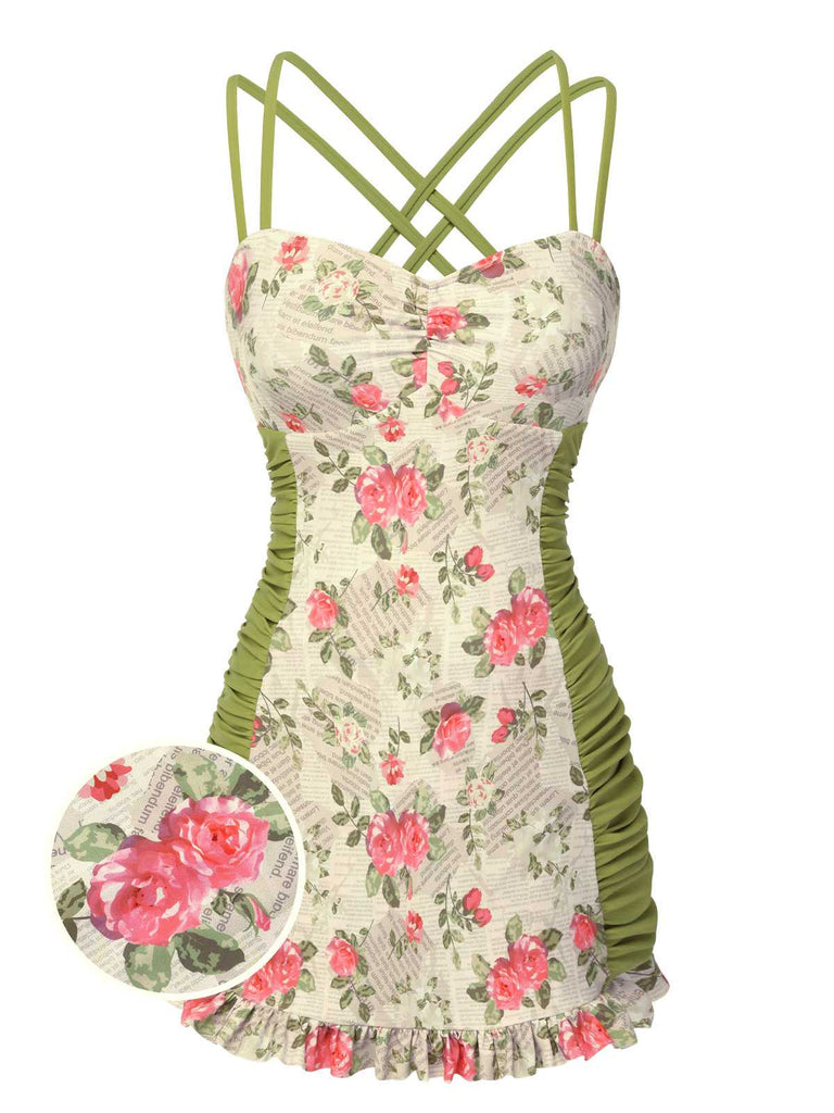 Costumi intero rose plissettate e doppio cinturino anni '40