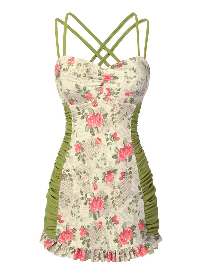 Costumi intero rose plissettate e doppio cinturino anni '40
