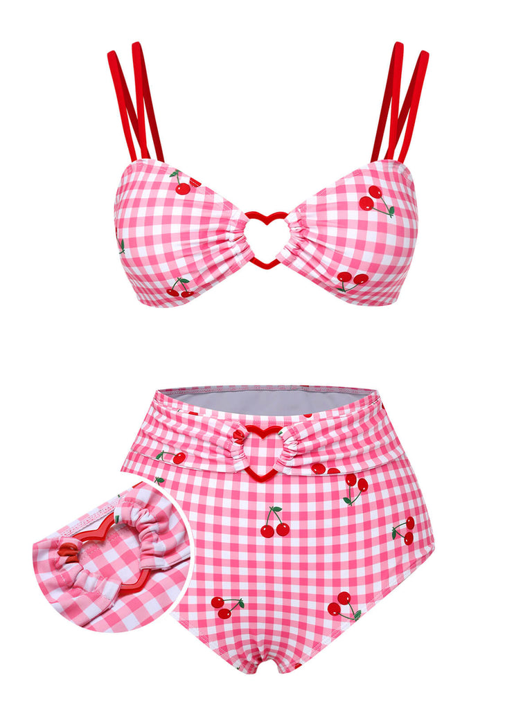 Costumi rosa a quadri cinturino a ciliegia anni '50