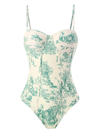 Costumi intero spalline sottili stampa floreale Ink verde anni '50