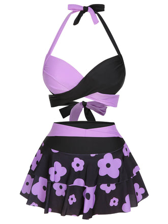 Costumi scollo all'americana floreale colorblock viola anni '70