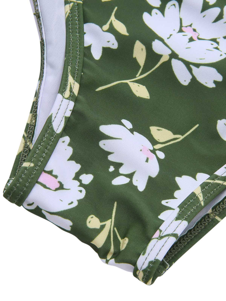 Costume da bagno floreale senza schienale verde scuro anni '40