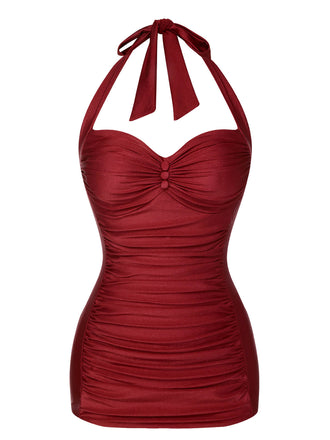 Costumi intero plissettato scollo all'americana rosso anni '50