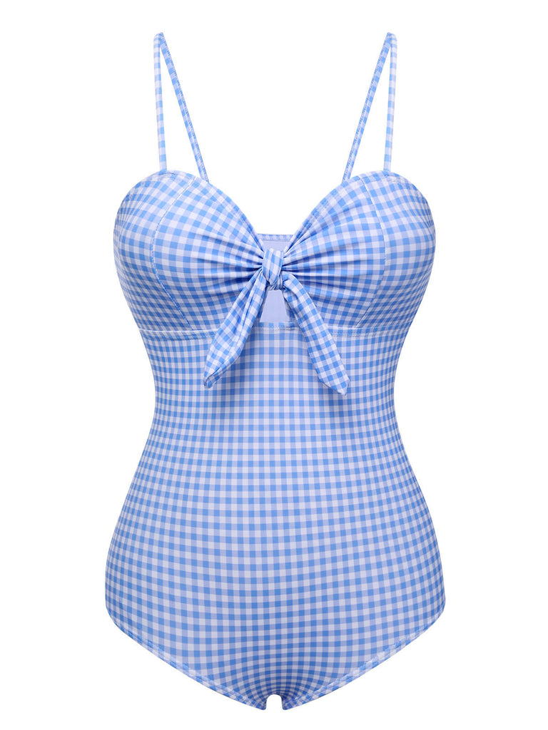 Costumi intero plaid spalline sottili annodato blu anni '50
