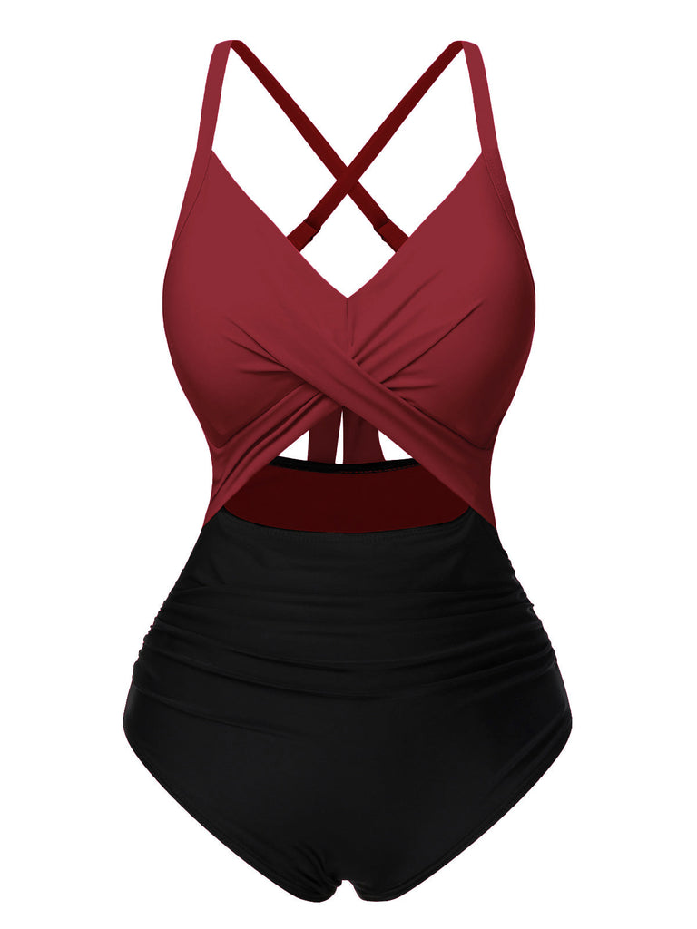 Costume da bagno con vita cava rosso e nero anni '40