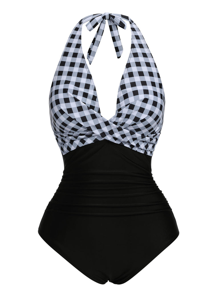 Costumi intero plaid scollo all'americana nero anni '40