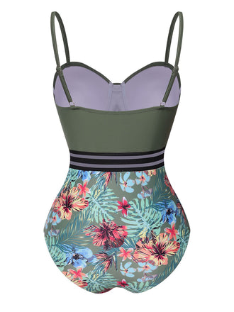 Costumi intero tropicali con spalline patchwork verde anni '70