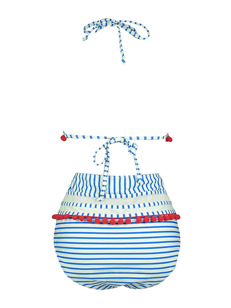 Costumi a righe con ciondolo a palla di pelo nappa anni '70
