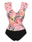 Set tankini con pianta tropicali e volant rosa anni '30