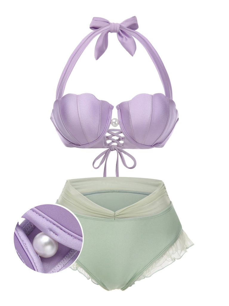 Bikini sirena conchiglia scollo all'americana lavanda anni '70