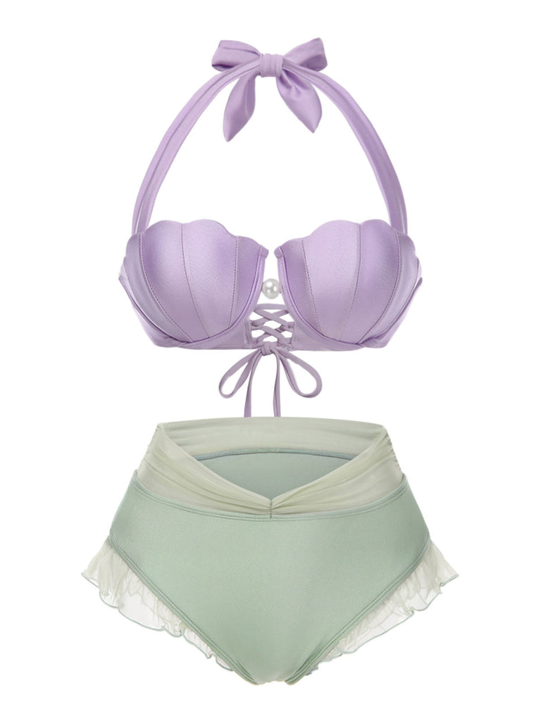 Bikini sirena conchiglia scollo all'americana lavanda anni '70