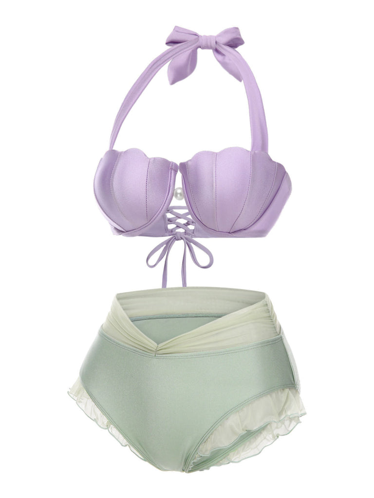 Bikini sirena conchiglia scollo all'americana lavanda anni '70
