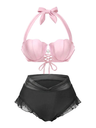 Bikini sirena conchiglia scollo all'americana rosa anni '70
