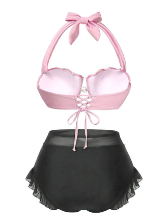 Bikini sirena conchiglia scollo all'americana rosa anni '70