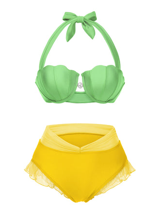 Bikini sirena conchiglia scollo all'americana giallo anni '70