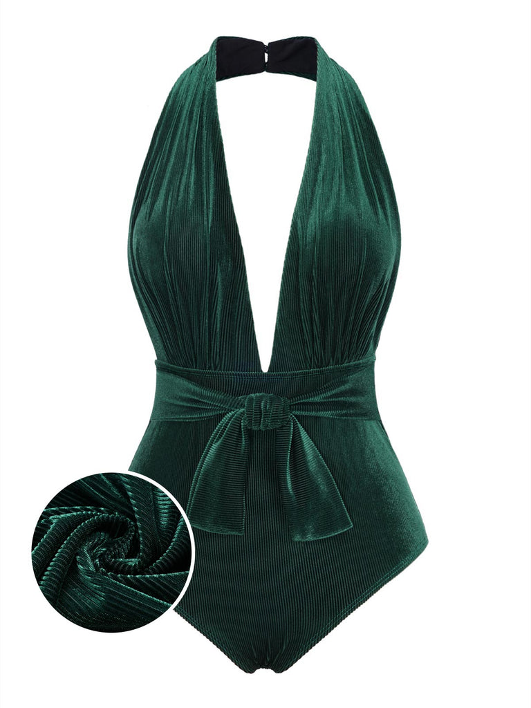 Costumi con scollo a V in velluto verde scuro degli anni '70