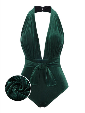Costumi con scollo a V in velluto verde scuro degli anni '70