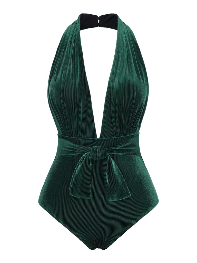 Costumi con scollo a V in velluto verde scuro degli anni '70