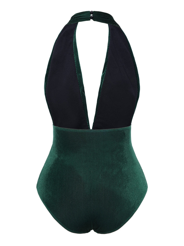 Costumi con scollo a V in velluto verde scuro degli anni '70