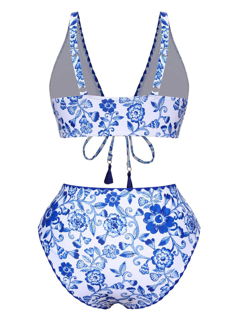 Costumi stampa floreale a vita alta blu anni '70