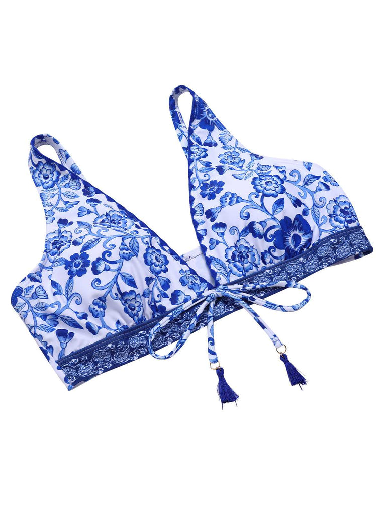 Costumi stampa floreale a vita alta blu anni '70