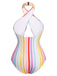 Costume da bagno intero a righe arcobaleno multicolore anni '60