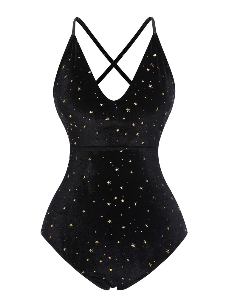 Costumi stella spalline incrociate in velluto nero anni '60