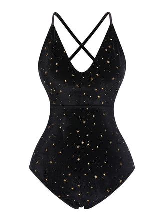 Costumi stella spalline incrociate in velluto nero anni '60