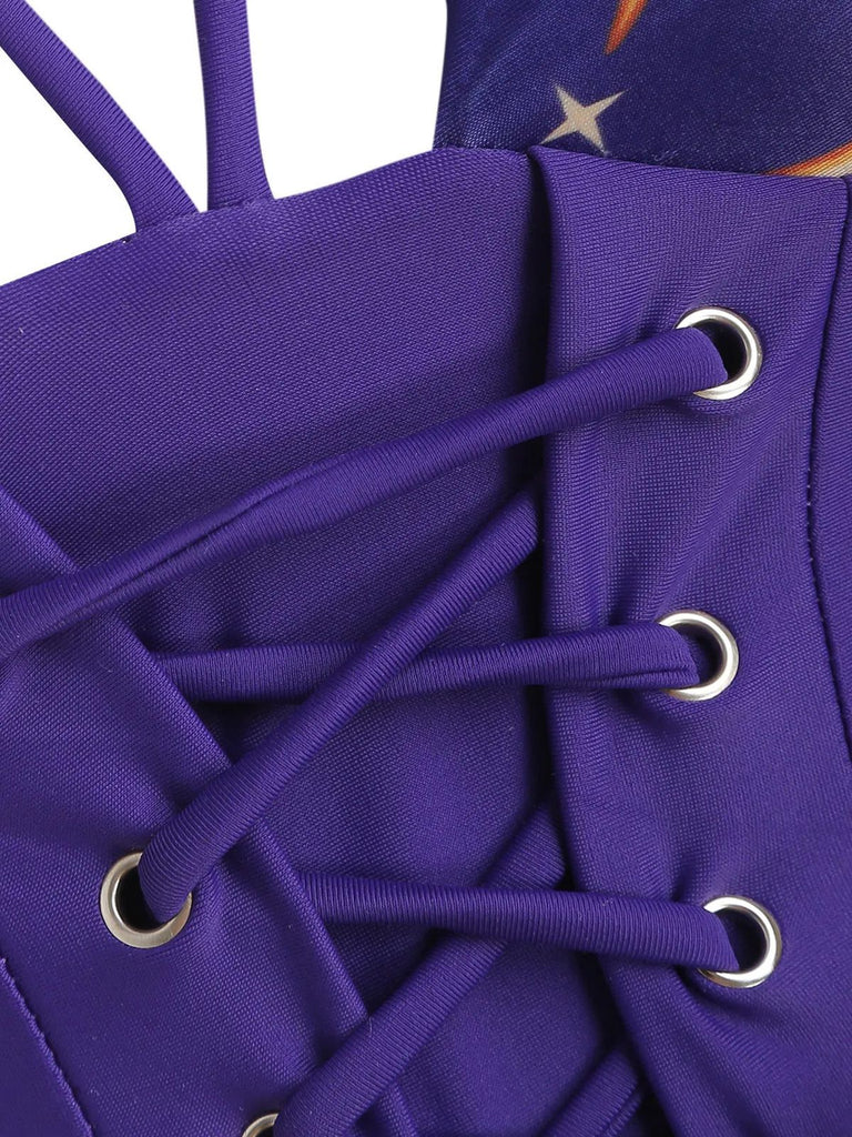 Costume da bagno lacci sole luna stelle viola anni '40