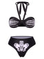 Set bikini mano scheletro scollo all'americana nero anni '70