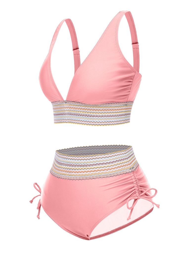 Set Bikini patchwork a vita alta scollo a V verde anni '70