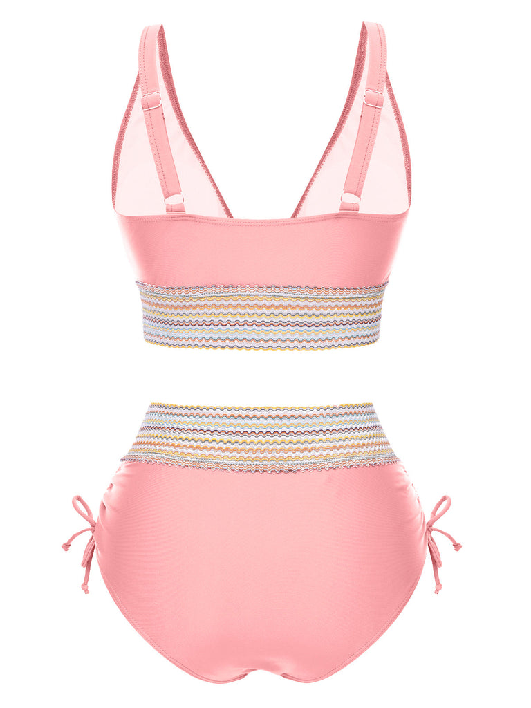 Set Bikini patchwork a vita alta scollo a V verde anni '70