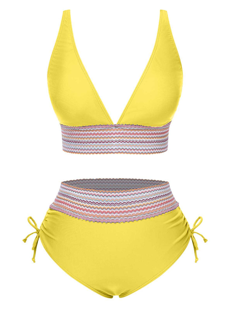 Set Bikini patchwork a vita alta scollo a V verde anni '70