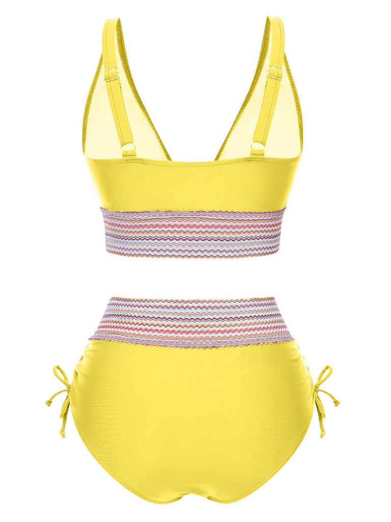 Set Bikini patchwork a vita alta scollo a V verde anni '70