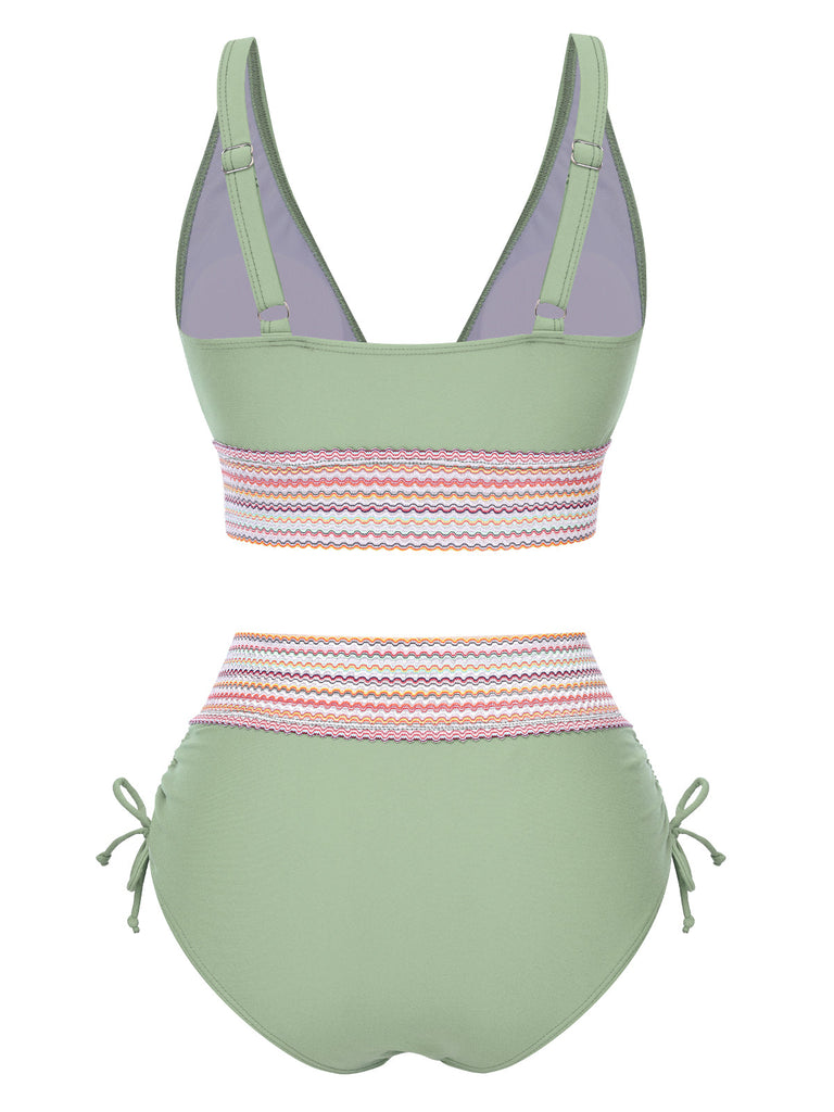 Set Bikini patchwork a vita alta scollo a V verde anni '70
