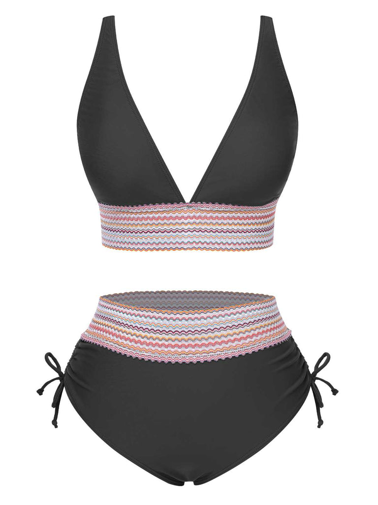 Set Bikini patchwork a vita alta scollo a V verde anni '70