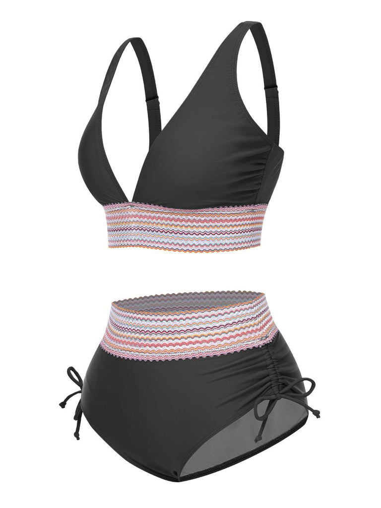 Set Bikini patchwork a vita alta scollo a V verde anni '70