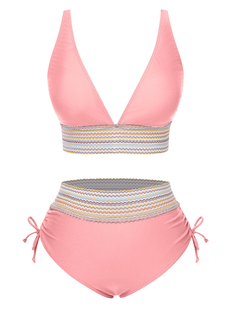 Set Bikini patchwork a vita alta scollo a V verde anni '70