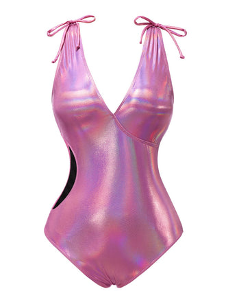 Costume da bagno lucido scollo a V profondo rosa anni '70