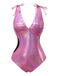 Costume da bagno lucido scollo a V profondo rosa anni '70