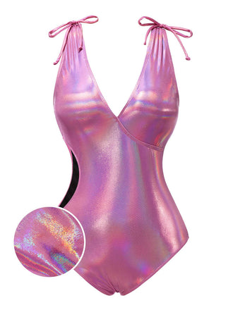 Costume da bagno lucido scollo a V profondo rosa anni '70