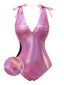 Costume da bagno lucido scollo a V profondo rosa anni '70