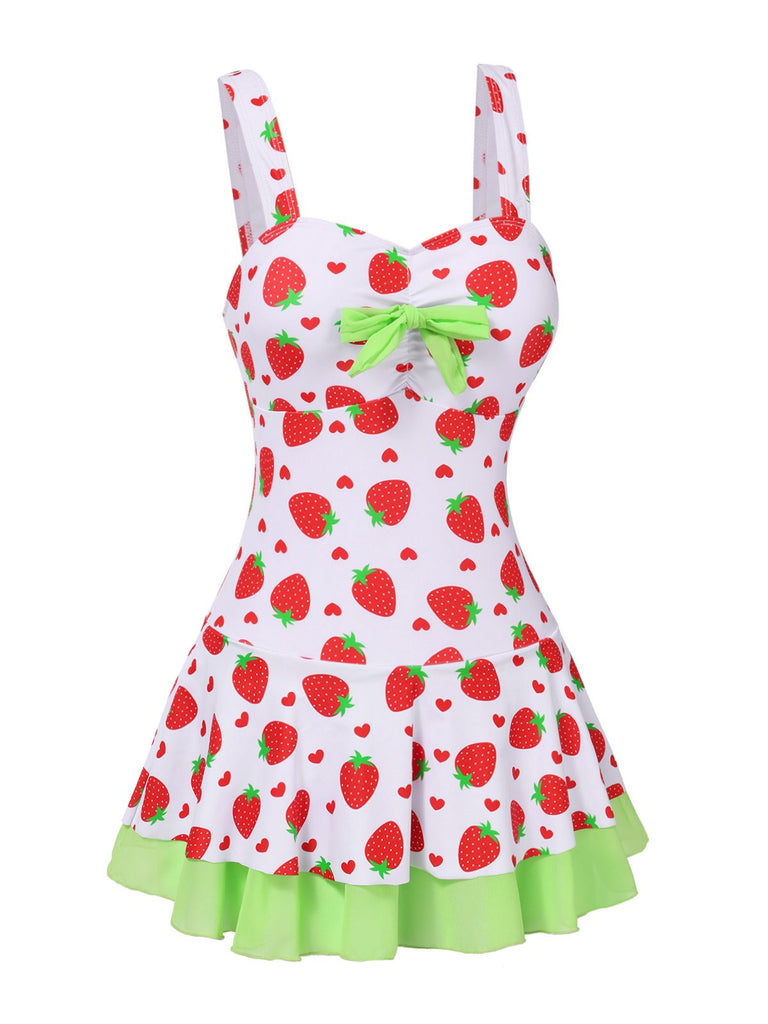 Abito da bagno fiocco di fragole rosso e verde anni '40