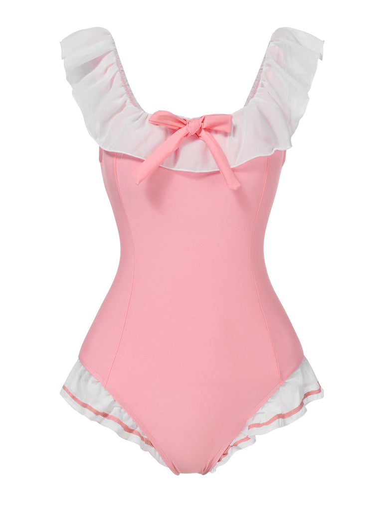 Costumi intero volant scollo quadrato fiocco rosa anni '50