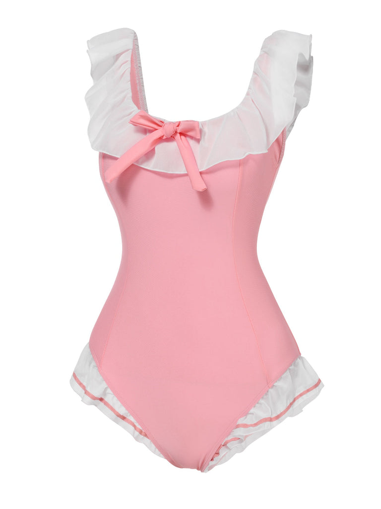 Costumi intero volant scollo quadrato fiocco rosa anni '50