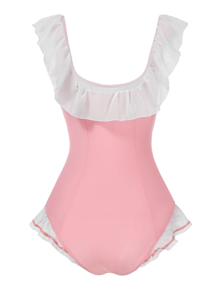Costumi intero volant scollo quadrato fiocco rosa anni '50